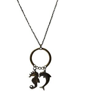 Vintage Inspired  Seahorse Dolphin Charm Brass Necklace Nautical Sea Jewelry